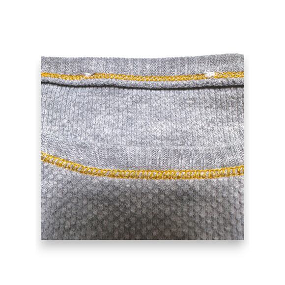 Grey Waffle Raglan Top W/ Mustard Crochet Patterned Sleeves Small/Medium - Picture 7 of 12